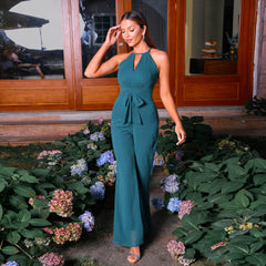 Halter Off The Shoulder Sleeveless V Neck Slim Waist Slimming Jumpsuit Evening Dress
