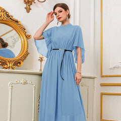 Middle East Muslim Wear High Neck Bell Sleeve Solid Color Dress