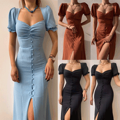 V-neck Single-Breasted Elegant Midi Dress