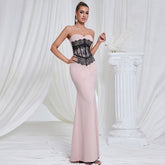 Dress Tube Top Lace Contrast Color Slim Fit Patchwork Maxi Dress Dinner Dress for