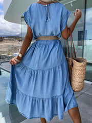 Vestido informal de color liso, sencillo, cuello redondo, manga corta, midi, sin cinturón
