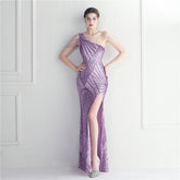 Vestido de noche largo con lentejuelas y cuello oblicuo floral para cenas y celebraciones