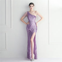 Floral Oblique Shoulder Collar Split Dinner Celebration Host Sequined Long Evening Dress