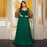 Plus Size Prom Evening Dress Diamond Collar Embroidered Mesh Long Sleeve Backless Fall Dress