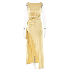 Slim Sleeveless Backless Satin Dress Pleated High Slit Dress