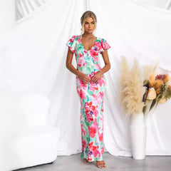 Floral Fresh Sweet V neck Lotus Leaf Sleeve Mid Length Dress