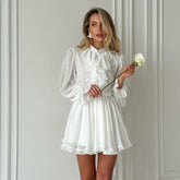 French Elegant Short Design Ruffled StCollar Long Sleeve Elastic Waist A line Dress