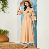 Vestido informal largo de cintura alta con cuello redondo y borlas, media manga