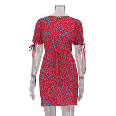 Floral Round Neck Short Sleeves Lace Up Slimming Dress