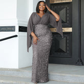 plus Size Long Sequined V neck Long Sleeve Cocktail Evening Dress Bridesmaid Dress