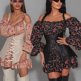 Long Sleeve Floral Dress with Vest Waist Tight Slimming A line Dress