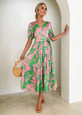 Vintage Court Printed V neck Floral Dress for