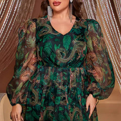 Plus Size Chiffon Maxi Dress Long Sleeve Elegant Random Print Maxi Dress for