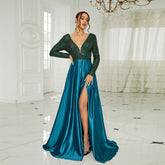 Elegant Long Sleeve Long Sequin Stitching Deep V Plunge-neck Annual Party Evening Dress Bridesmaid Dress