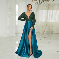 Elegantes, langärmeliges Paillettenkleid mit tiefem V-Ausschnitt, perfekt für festliche Anlässe, Abendveranstaltungen oder als Brautjungfernkleid