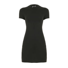 Basic Casual Half Turtleneck Rhinestone Short Sleeve Dress Solid Color Slim Fit Hip Wrapped Short Dress Summer