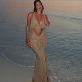 Solid Color Pleated Tight Dress Cutout Cropped Halter U Collar Length Dress