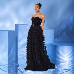 Strapless Black Mesh Sequ Dress