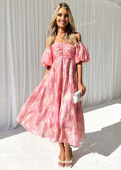 Elegant Mid Waist Off Neck Floral Dress