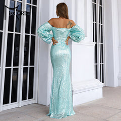 Elegante vestido de noche para fiesta de cóctel con lentejuelas y escote desbocado de cola pequeña