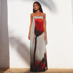 Printed See through Strap Dress off Neck Waist Maxi Dress