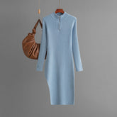 Zipper Knitted Half High Collar Long Sleeves Bottoming Hip Solid Color Dress