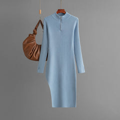Zipper Knitted Half High Collar Long Sleeves Bottoming Hip Solid Color Dress