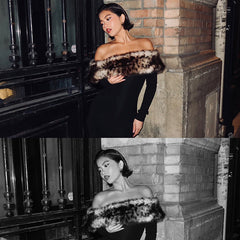 Elegant Leopard Print Fur Stitching off Shoulder Dress