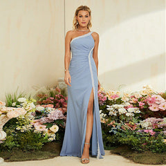 Blue One Shoulder Evening Dress Fishtail Slit Host Cocktail Performance Star Same