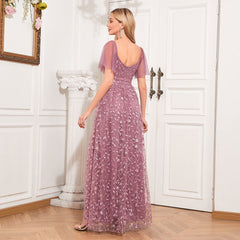 Elegantes, transparentes Abendkleid mit kurzen Ärmeln, V-Ausschnitt, U-Rücken-Ausschnitt, A-Linie, Stickerei, Mesh und vollständigem Futter