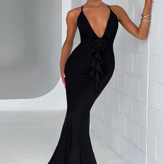 Slim Fit Sling Dress Solid Color Ruffles High Waist Dress