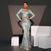 Long Sleeved Elegant V-neck Slim Fit Long Sequined Cocktail Evening Dress Bridesmaid
