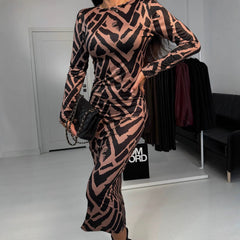Printed Slim Fit High Waist Midi Dress Long Sleeve