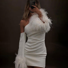 Arrival Slim Fit Dress One Shoulder Design Stitching Horn Furry Sleeves Short Dress