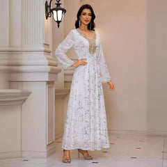 Gold Pattern Printed Maxi Dress Patchwork Knitted Belt Long Sleeve Dress