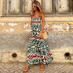 Elegant Printed Elastic Cami Dress Vacation French Floral Strap Maxi Dress