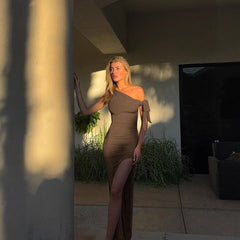 Slant Shoulder Slim Fit Backless Split Dress