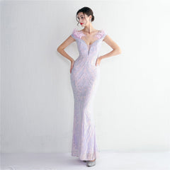 High Density Three Dimensional Strong Sequin Positioning Floral Craft Handmade Wool Cocktail Slim Fit Evening Dress