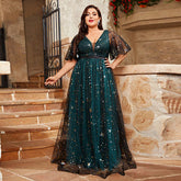 Plus Size Evening Dress Shiny Crystal Puff Sleeve V neck Swing Fairy Evening Dress Super Fairy Dress