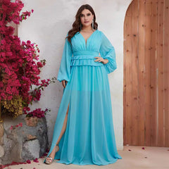 Plus Size Dress Chiffon V Neck Long Sleeve Slimming Dress