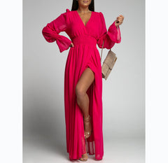 Waist-Tight Petal Sleeve Chiffon Dress