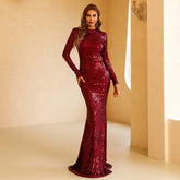 Vestido elegante de alta gama para boda, fiesta, graduación, noche, fiesta, color rojo, con cuello redondo y manga larga