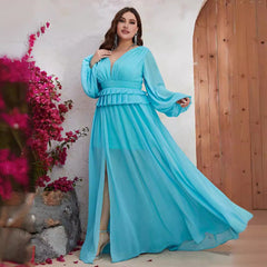 Plus Size Dress Chiffon V Neck Long Sleeve Slimming Dress