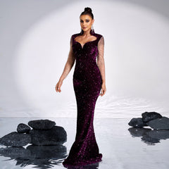 Premium Long Sleeve Square Neck Hip Wrapped Cocktail Sequined Rhinestone Fishtail Evening Dress