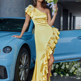 One Shoulder Ruffled Maxi Dress Cocktail Party Evening Dress
