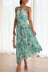Halter Sleeveless V Neck Printed Large Swing Maxi Dress