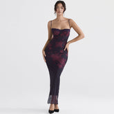 Vestido de noche largo con cola de pez, espalda descubierta y corte entallado con estampado