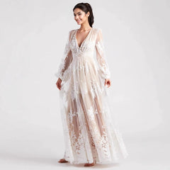 Maxi Dress High Split Ladies Long Sleeves Evening Dress