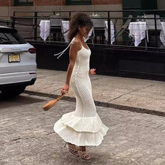 Hollow Out Cutout out Camisole Bohemian Beach Wooden Ear Knitted Sling Tiered Ruffle Maxi