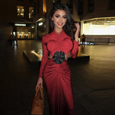 Dignified Floral Decorative Hollow Out Cutout Pleated Long Sleeve